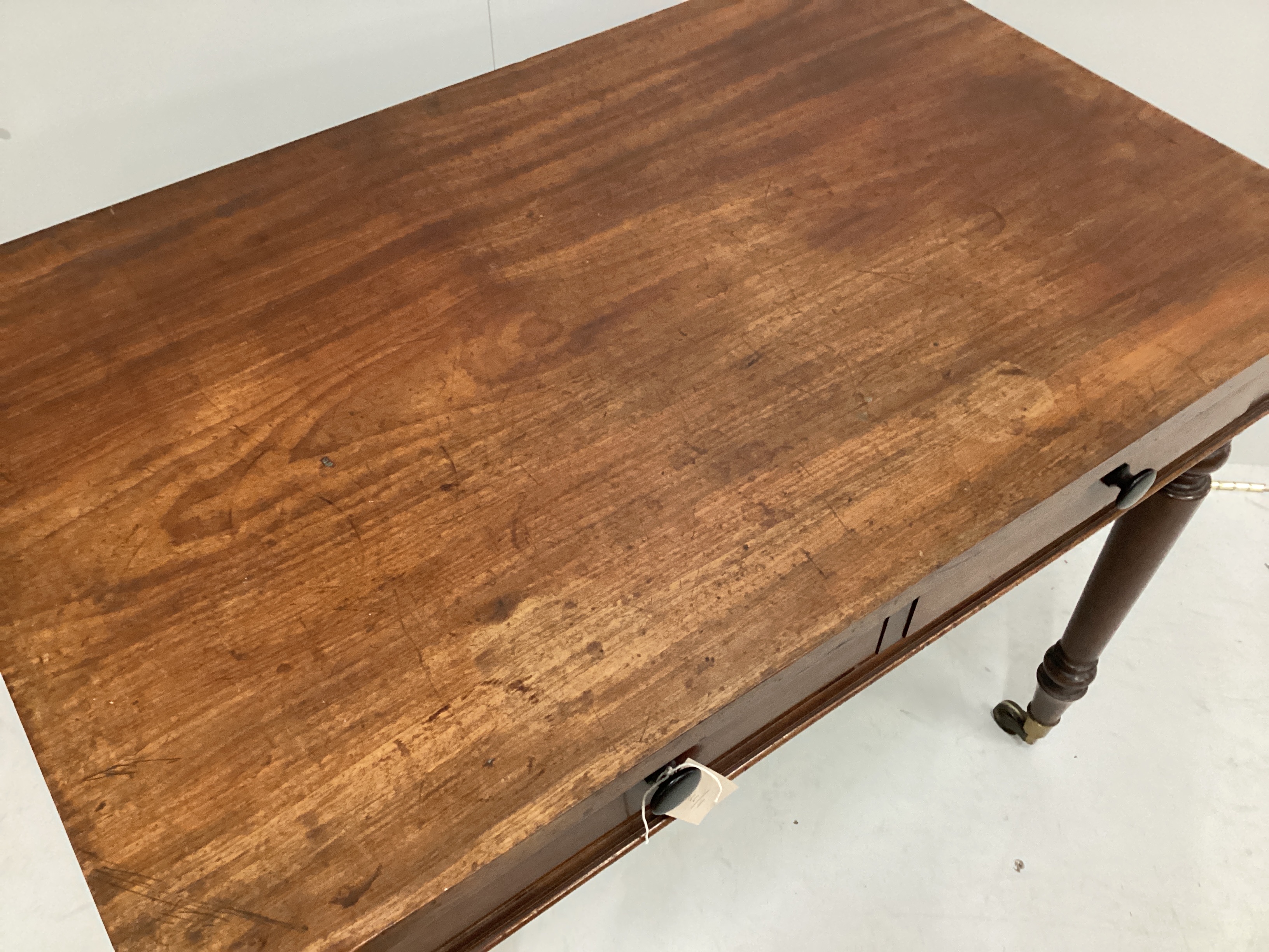 A Victorian mahogany two drawer side table, width 91cm, depth 58cm, height 75cm